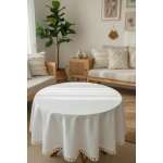 YUVARLAK Ham Keten Krem Ponponlu Masa Örtüsü