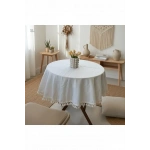 YUVARLAK Ham Keten Krem Ponponlu Masa Örtüsü