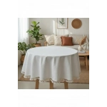 YUVARLAK Ham Keten Krem Ponponlu Masa Örtüsü