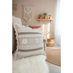 Kalın Dantel Püsküllü ve Motifli Keten Krem Kırlent 2 Adet Kırlent Kılıfı (43 x 43)