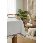 Beyaz Pamuk Keten Şerit Ponponlu Masa Örtüsü