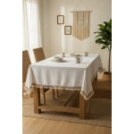 Beyaz Pamuk Keten Şerit Ponponlu Masa Örtüsü