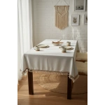 Beyaz Pamuk Keten Şerit Ponponlu Masa Örtüsü