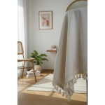 Beyaz Pamuk Keten Yuvarlak Ham Ponponlu Masa Örtüsü