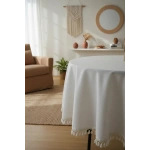 Beyaz Pamuk Keten Yuvarlak Ham Ponponlu Masa Örtüsü