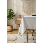 Beyaz Pamuk Keten Şerit Ponponlu Masa Örtüsü