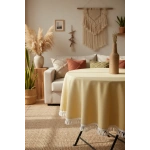 Sarı Keten Ham Ponponlu Yuvarlak Masa Örtüsü