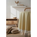 Sarı Keten Ham Ponponlu Yuvarlak Masa Örtüsü