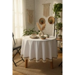 Beyaz Keten Şerit Ponponlu Yuvarlak Masa Örtüsü