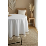 Beyaz Keten Şerit Ponponlu Yuvarlak Masa Örtüsü