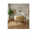 Sarı Keten Ham Ponponlu Yuvarlak Masa Örtüsü