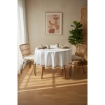 Beyaz Keten Şerit Ponponlu Yuvarlak Masa Örtüsü