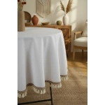 Beyaz Keten Şerit Ponponlu Yuvarlak Masa Örtüsü