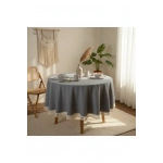 Gri Antrasit Keten Yuvarlak Masa Örtüsü (ham Ponponlu)