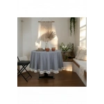 Gri Antrasit Keten Yuvarlak Masa Örtüsü (ham Ponponlu)