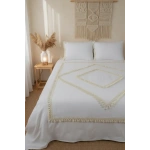 Beyaz Pamuk Keten Tek Kişilik Mozaik Ponponlu (yedek Yastıklı) Nevresim Takımı