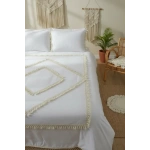 Beyaz Pamuk Keten Tek Kişilik Mozaik Ponponlu (yedek Yastıklı) Nevresim Takımı