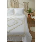 Beyaz Pamuk Keten Çift Kişilik Mozaik Ponponlu (yedek Yastıklı) Nevresim Takımı