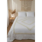 Beyaz Pamuk Keten Çift Kişilik Mozaik Ponponlu (yedek Yastıklı) Nevresim Takımı