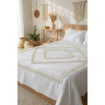 Beyaz Pamuk Keten Çift Kişilik Mozaik Ponponlu (yedek Yastıklı) Nevresim Takımı