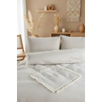 Bej Pamuk Keten Ikili Baklava Desen Ponponlu Tek Kişilik Nevresim Takımı(YEDEK YASTIKLI)