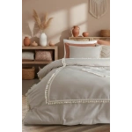 Bej Pamuk Keten Ikili Baklava Desen Ponponlu Tek Kişilik Nevresim Takımı(YEDEK YASTIKLI)