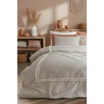 Bej Pamuk Keten Ikili Baklava Desen Ponponlu Çift Kişilik Nevresim Takımı