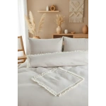 Bej Pamuk Keten Ikili Baklava Desen Ponponlu Çift Kişilik Nevresim Takımı