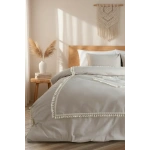 Bej Pamuk Keten Ikili Baklava Desen Ponponlu Çift Kişilik Nevresim Takımı