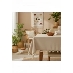 Bej Pamuk Keten Kahverengi Şerit Ponponlu Masa Örtüsü