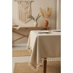 Bej Pamuk Keten Kahverengi Şerit Ponponlu Masa Örtüsü