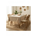 Bej Pamuk Keten Kahverengi Şerit Ponponlu Masa Örtüsü