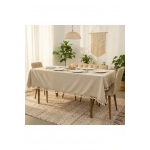 Bej Pamuk Keten Kahverengi Şerit Ponponlu Masa Örtüsü