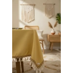 Sarı Pamuk Keten Kahverengi Şerit Ponponlu Masa Örtüsü