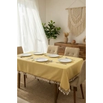 Sarı Pamuk Keten Kahverengi Şerit Ponponlu Masa Örtüsü