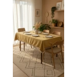 Sarı Pamuk Keten Kahverengi Şerit Ponponlu Masa Örtüsü