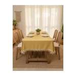Sarı Pamuk Keten Kahverengi Şerit Ponponlu Masa Örtüsü