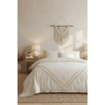 Ham Keten Baklava Desen Çift Ponponlu Tek Kişilik Nevresim Takımı