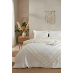 Ham Keten Baklava Desen Ponponlu Çift Kişilik Nevresim Takımı