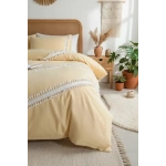 Sarı Renkli Pamuk Çift Ponponlu Tek Kişilik Nevresim Takımı(YEDEK YASTIKLI)