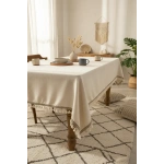Ham Keten Organik Krem Kahverengi Şeritli Ponponlu Masa Örtüsü