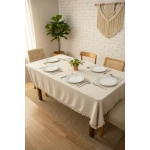 Ham Keten Organik Krem Kahverengi Şeritli Ponponlu Masa Örtüsü
