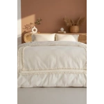 Ham Keten Krem Ponponlu Tek Kişilik Nevresim Takımı(YEDEK YASTIKLI)