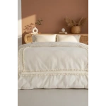 Ham Keten Krem Ponponlu Çift Kişilik Nevresim Takımı