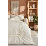 Ham Keten Krem Ponponlu Çift Kişilik Nevresim Takımı