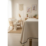 Organik Ham Keten Krem Siyah Şerit Detaylı Ponponlu Masa Örtüsü