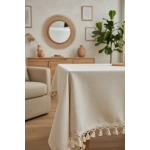 Organik Ham Keten Krem Ponponlu Masa Örtüsü