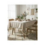 Organik Ham Keten Krem Siyah Şerit Detaylı Ponponlu Masa Örtüsü