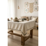 Organik Ham Keten Krem Siyah Şerit Detaylı Ponponlu Masa Örtüsü