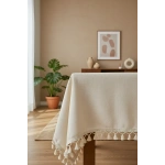 Organik Ham Keten Krem Ponponlu Masa Örtüsü